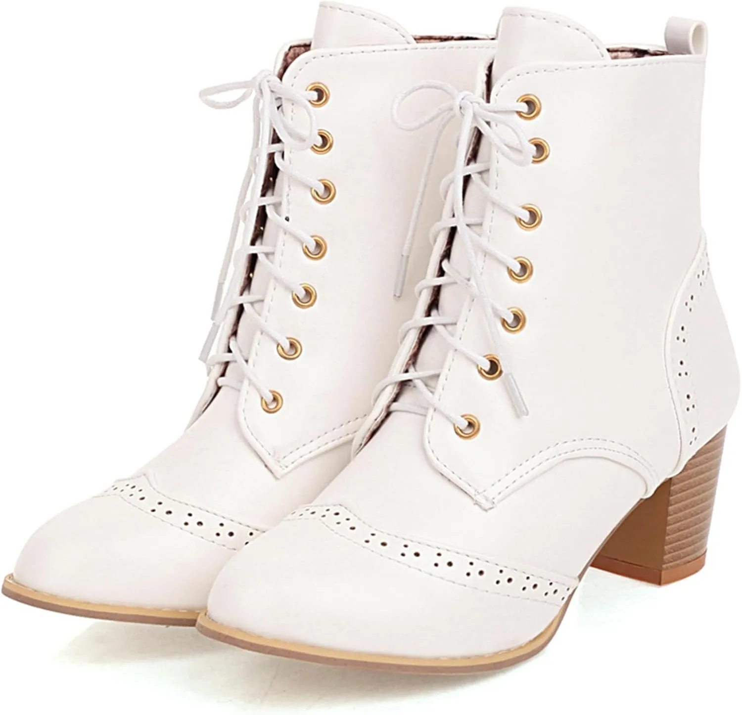 UniqueStride Women's Brogue Ankle Boots Lace Up Ankle Bootie with Chunky Block Heel Round Toe Shoes