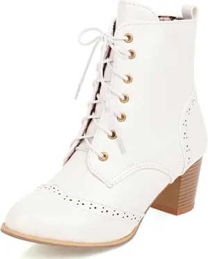 UniqueStride Women's Brogue Ankle Boots Lace Up Ankle Bootie with Chunky Block Heel Round Toe Shoes