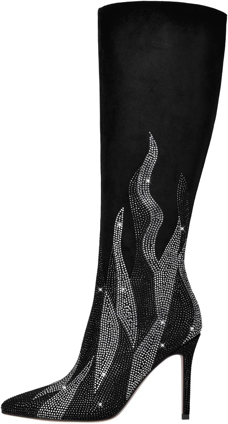 VERISSON Point Toe Knee Boots Sparkly Rhinestones Stiletto Heeled Booty