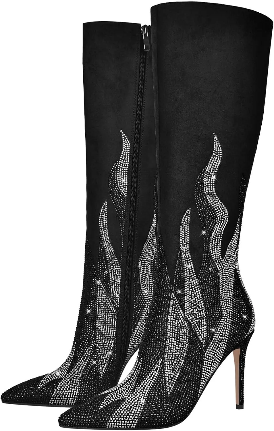 VERISSON Point Toe Knee Boots Sparkly Rhinestones Stiletto Heeled Booty