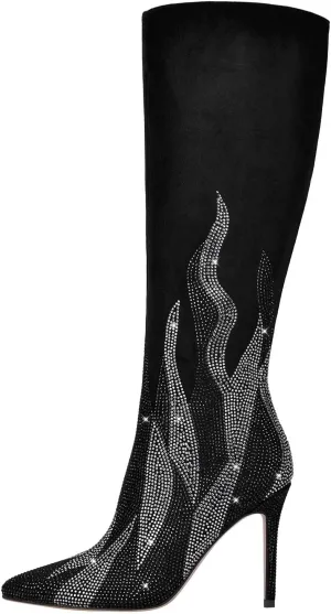 VERISSON Point Toe Knee Boots Sparkly Rhinestones Stiletto Heeled Booty