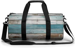 Vintage Beach Wood Old Blue Color Wooden Plank Sport Gym Duffle Travel Bag for Women Men Overnight Weekender Bag with Shoe Compartment,Wet Pocket