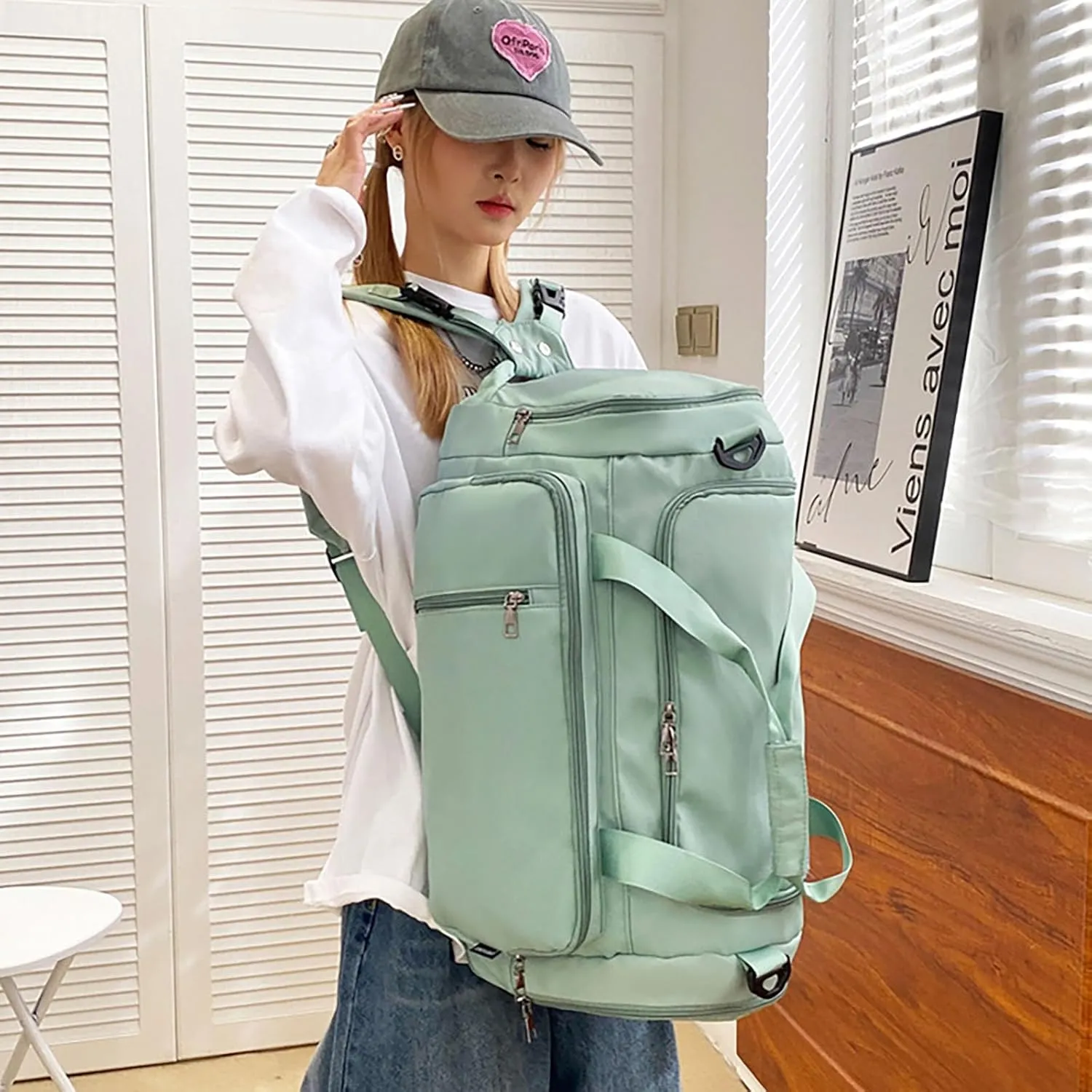 Waterproof Duffel Backpack with Shoe Compartment Dry Wet Separation 20"L Travel Gym Bag for Women Men (Green)