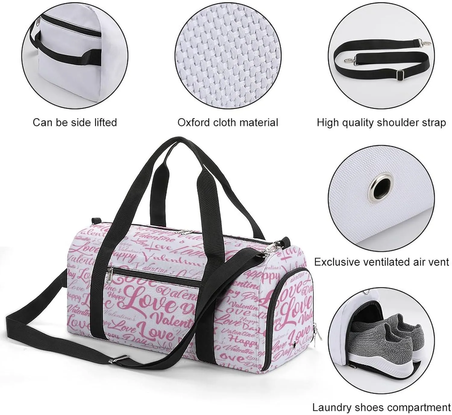 Waterproof Pink Love Valentine's Day Travel Duffel Bag with Shoe Compartment Gym Weekender