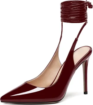 WAYDERNS Women's Slender Wrap-Around Ankle Straps Pointed Toe Slingback Patent Stiletto High Heel Pumps Shoes 4 Inch