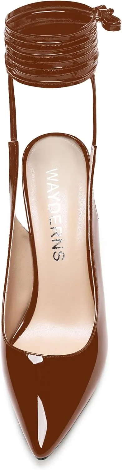 WAYDERNS Women's Slender Wrap-Around Ankle Straps Pointed Toe Slingback Patent Stiletto High Heel Pumps Shoes 4 Inch
