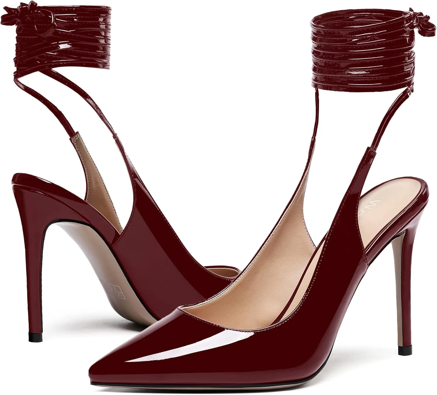 WAYDERNS Women's Slender Wrap-Around Ankle Straps Pointed Toe Slingback Patent Stiletto High Heel Pumps Shoes 4 Inch