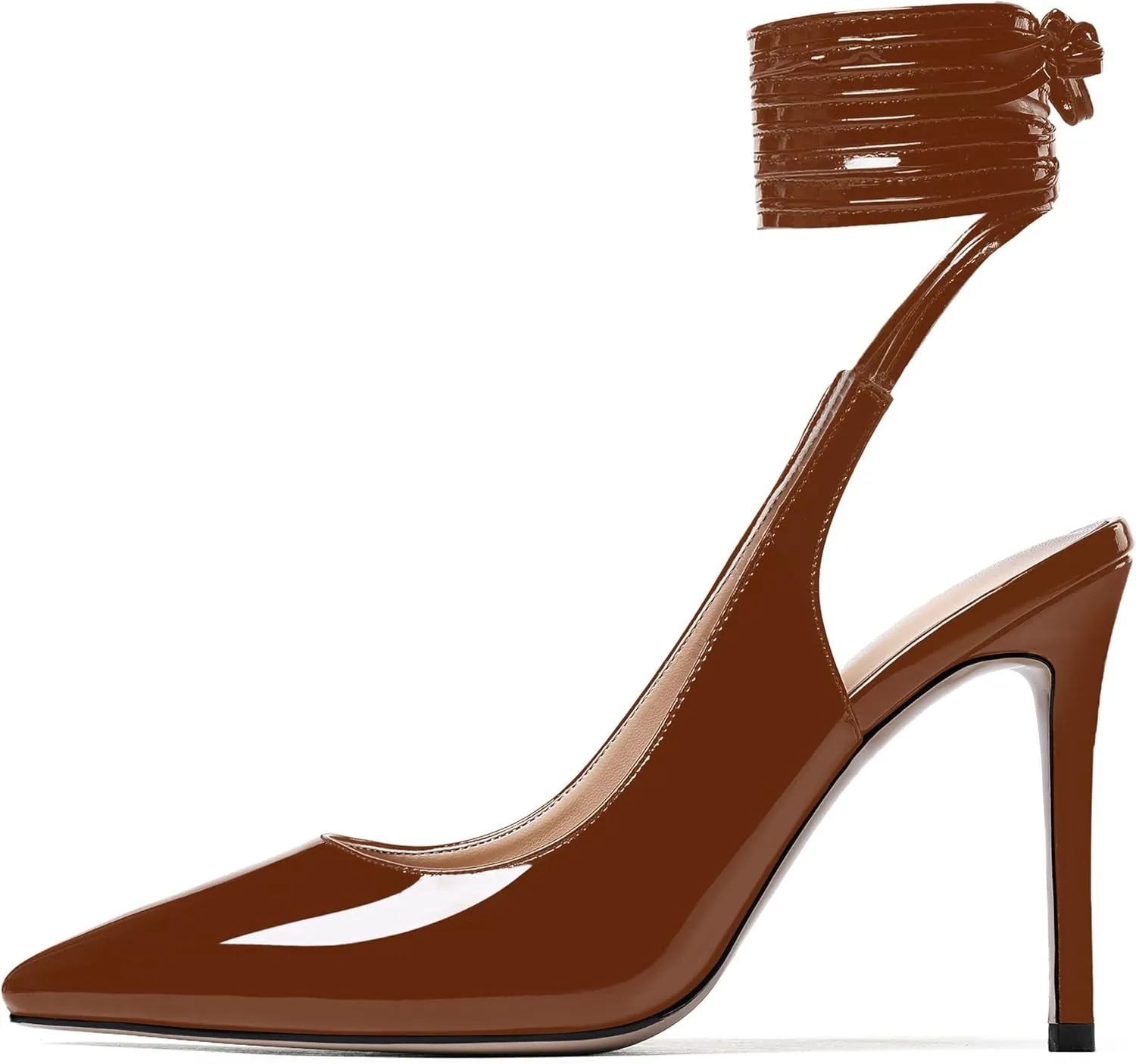 WAYDERNS Women's Slender Wrap-Around Ankle Straps Pointed Toe Slingback Patent Stiletto High Heel Pumps Shoes 4 Inch