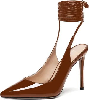 WAYDERNS Women's Slender Wrap-Around Ankle Straps Pointed Toe Slingback Patent Stiletto High Heel Pumps Shoes 4 Inch