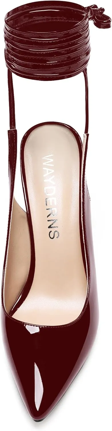 WAYDERNS Women's Slender Wrap-Around Ankle Straps Pointed Toe Slingback Patent Stiletto High Heel Pumps Shoes 4 Inch