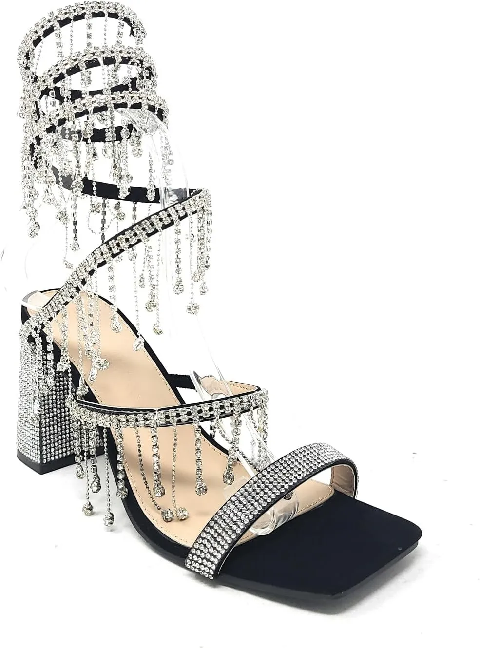 Wild Diva Women's Molla-01 Chandelier Embellished Rhinestone Spiral Coil Wrap Around Chunky Block Heels