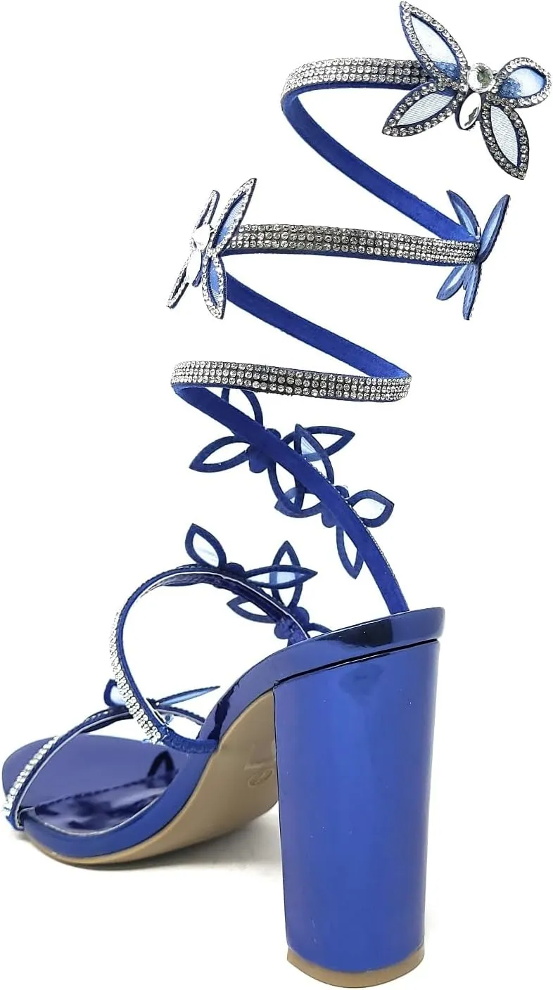 Wild Diva Women's Morris-581 Rhinestone Butterfly Detail Spiral Coil Wrap Around Chunk Heel