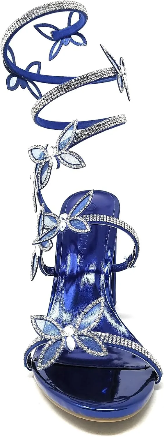 Wild Diva Women's Morris-581 Rhinestone Butterfly Detail Spiral Coil Wrap Around Chunk Heel