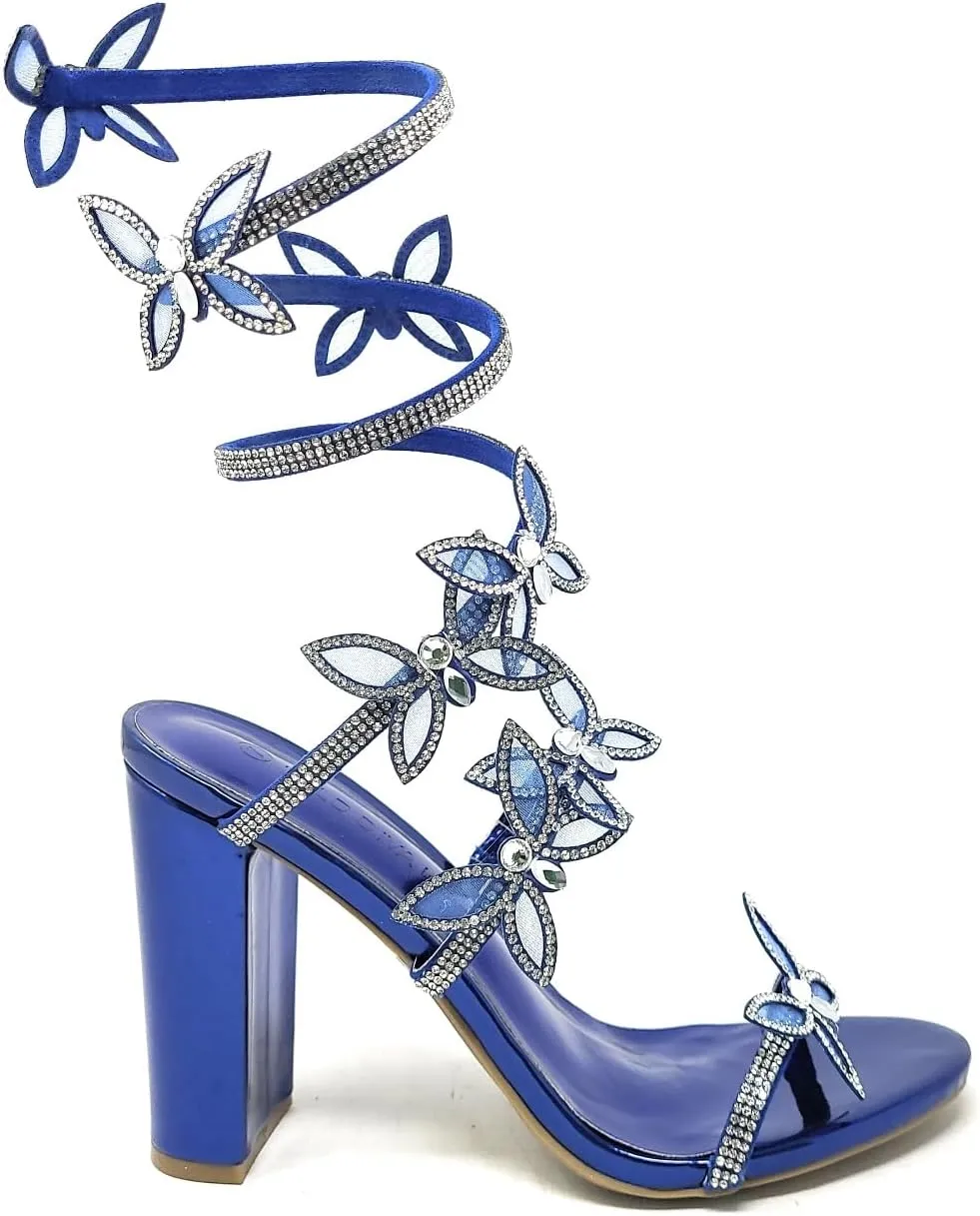 Wild Diva Women's Morris-581 Rhinestone Butterfly Detail Spiral Coil Wrap Around Chunk Heel