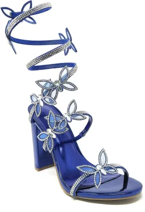 Wild Diva Women's Morris-581 Rhinestone Butterfly Detail Spiral Coil Wrap Around Chunk Heel