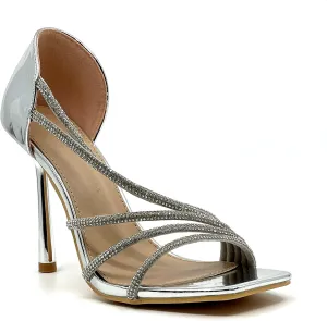 Wild Diva Women's Square Toe Heel Rhinestone Strap Stiletto High Heels Sandals