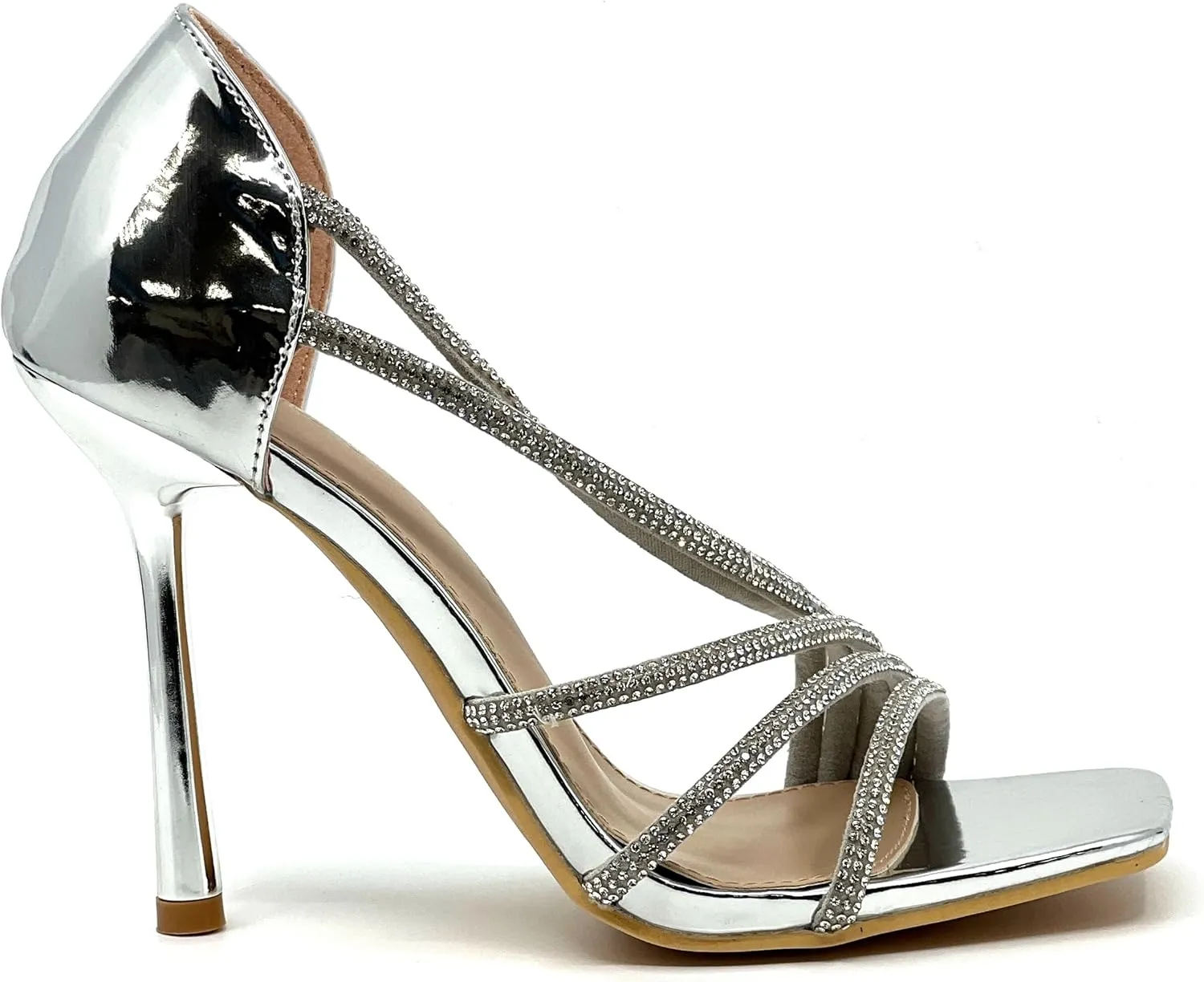 Wild Diva Women's Square Toe Heel Rhinestone Strap Stiletto High Heels Sandals