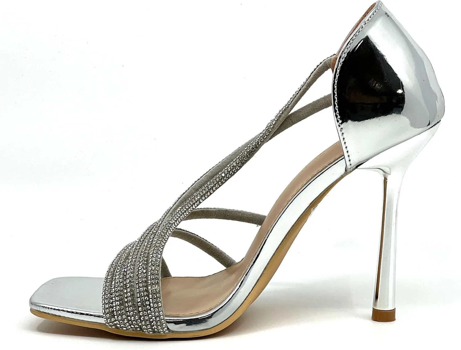 Wild Diva Women's Square Toe Heel Rhinestone Strap Stiletto High Heels Sandals