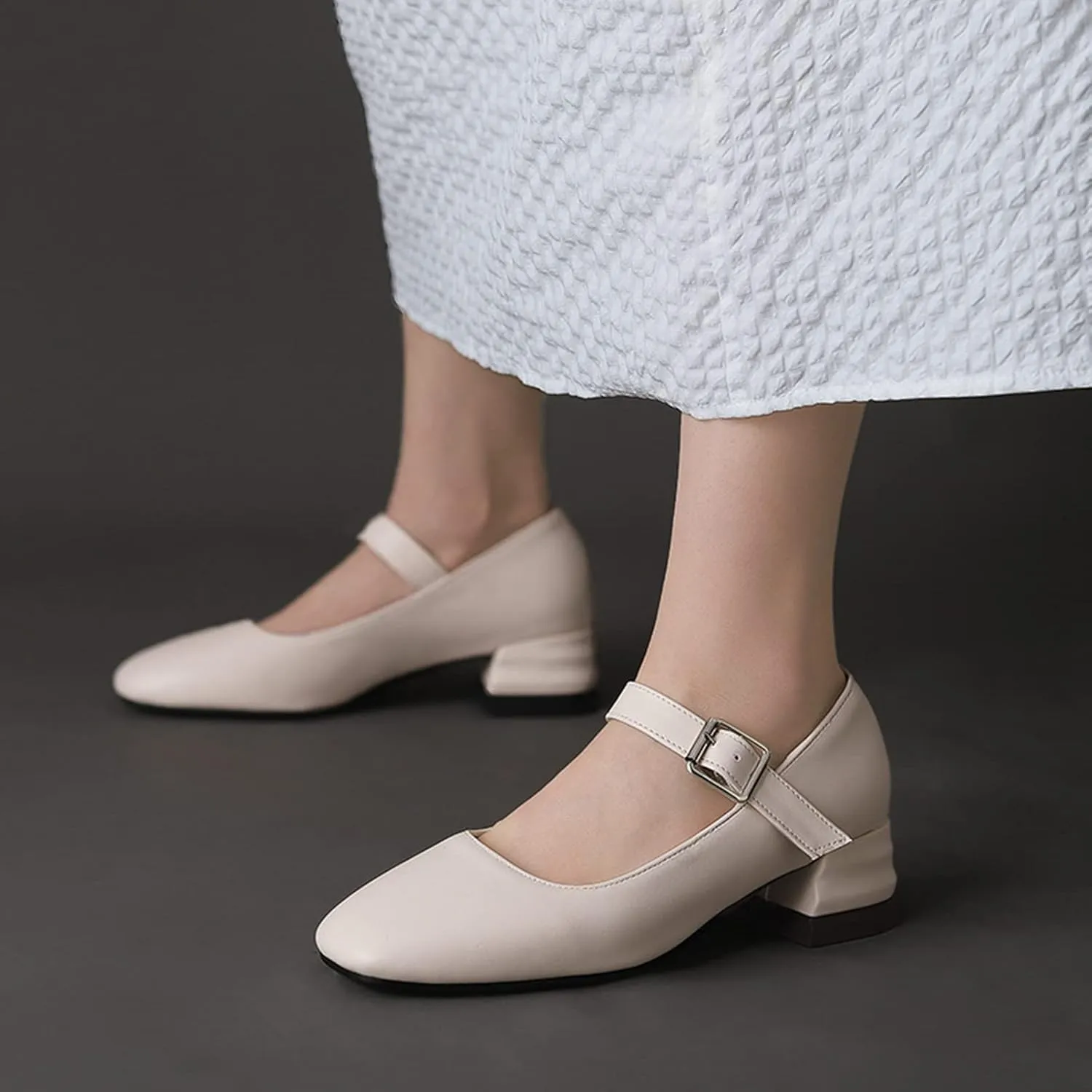 Women Chunky Mid Heel Mary Janes Square Toe Pumps Ankle Buckle Strap Casual Comfort Solid Color Shoes