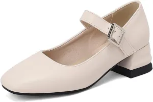 Women Chunky Mid Heel Mary Janes Square Toe Pumps Ankle Buckle Strap Casual Comfort Solid Color Shoes