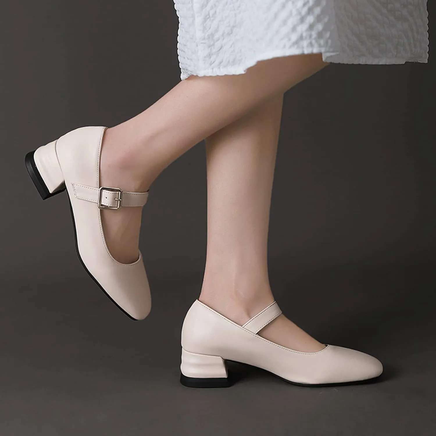 Women Chunky Mid Heel Mary Janes Square Toe Pumps Ankle Buckle Strap Casual Comfort Solid Color Shoes