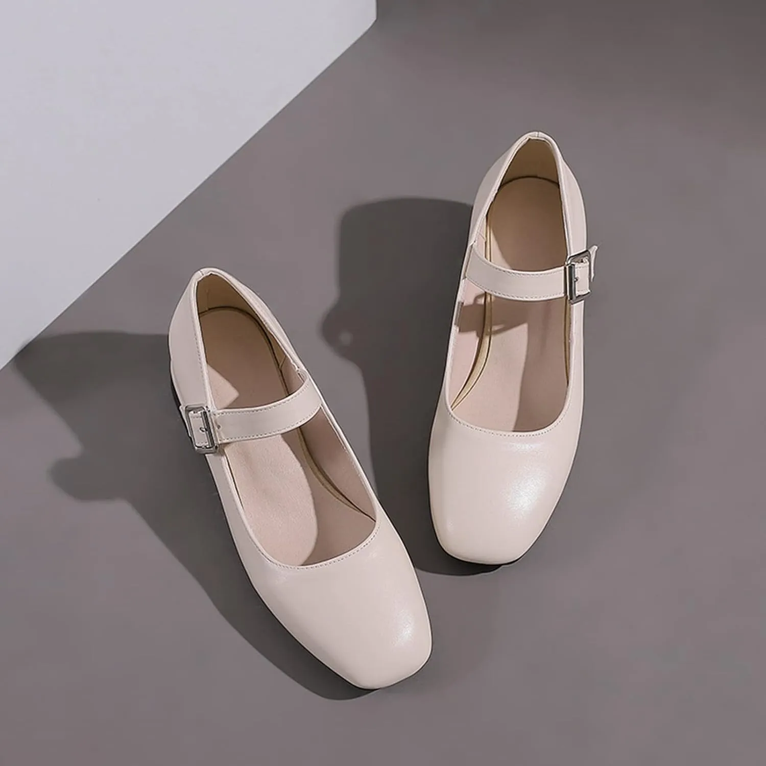 Women Chunky Mid Heel Mary Janes Square Toe Pumps Ankle Buckle Strap Casual Comfort Solid Color Shoes