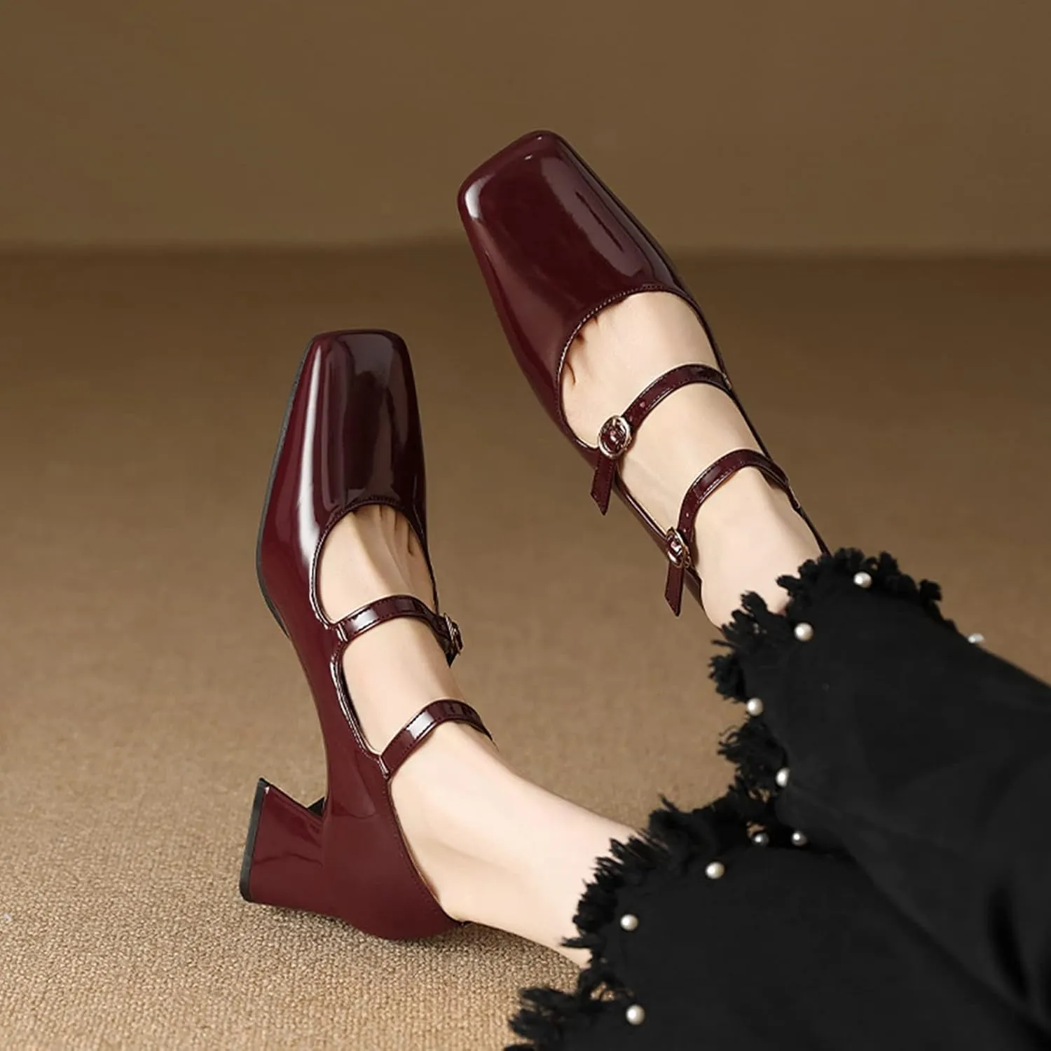 Women Doubled Monk-Strap Mary Jane Pumps Square Toe Patent Leather Chunky Block Heel Dress Shoes