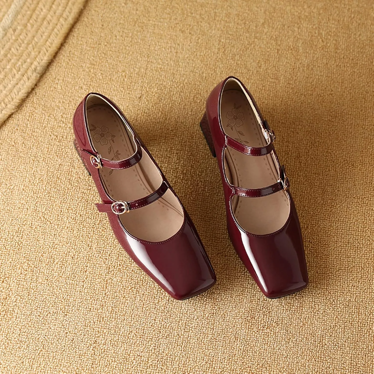 Women Doubled Monk-Strap Mary Jane Pumps Square Toe Patent Leather Chunky Block Heel Dress Shoes