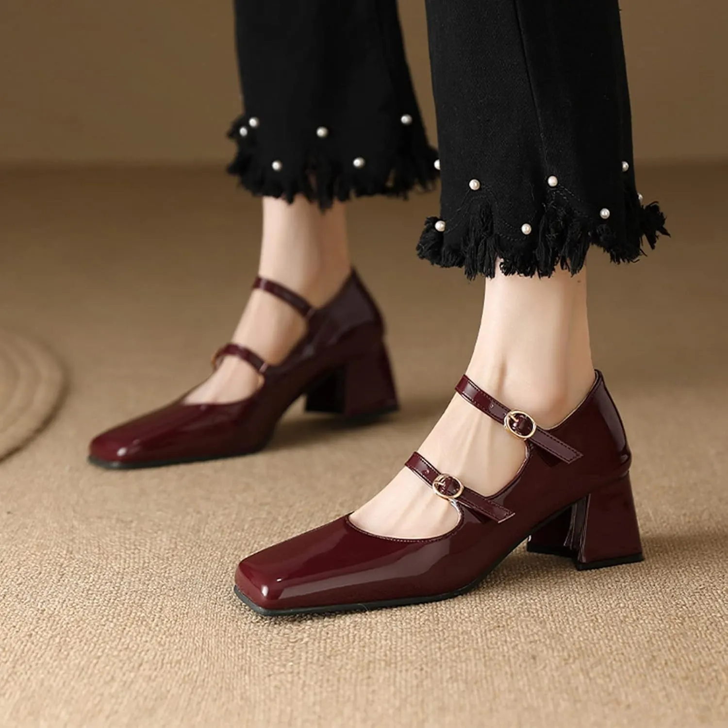 Women Doubled Monk-Strap Mary Jane Pumps Square Toe Patent Leather Chunky Block Heel Dress Shoes