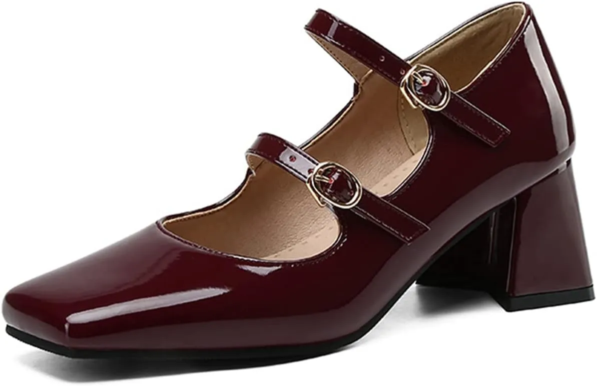 Women Doubled Monk-Strap Mary Jane Pumps Square Toe Patent Leather Chunky Block Heel Dress Shoes