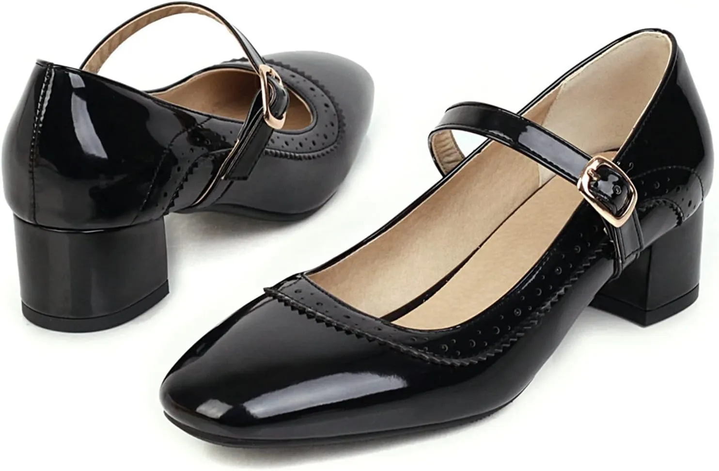 Women Low Chunky Heel Mary Jane Pumps Patent Leather Perforated Fashion Buckle Closed Toe Dress Shoes