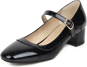 Women Low Chunky Heel Mary Jane Pumps Patent Leather Perforated Fashion Buckle Closed Toe Dress Shoes