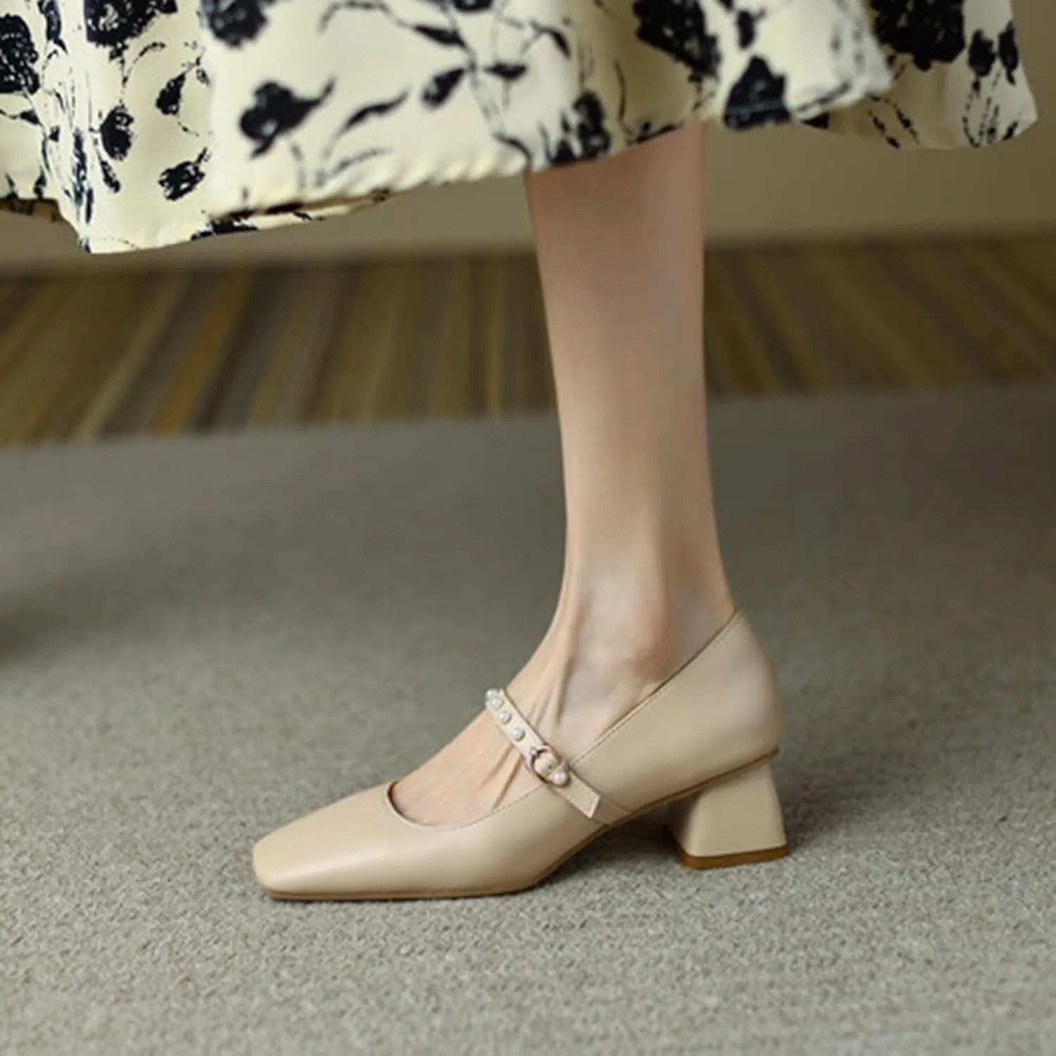 Women Pearl Ankle Strap Mary Janes Chunky Mid Block Heel Pumps Casual Square Toe Office Date Shoes