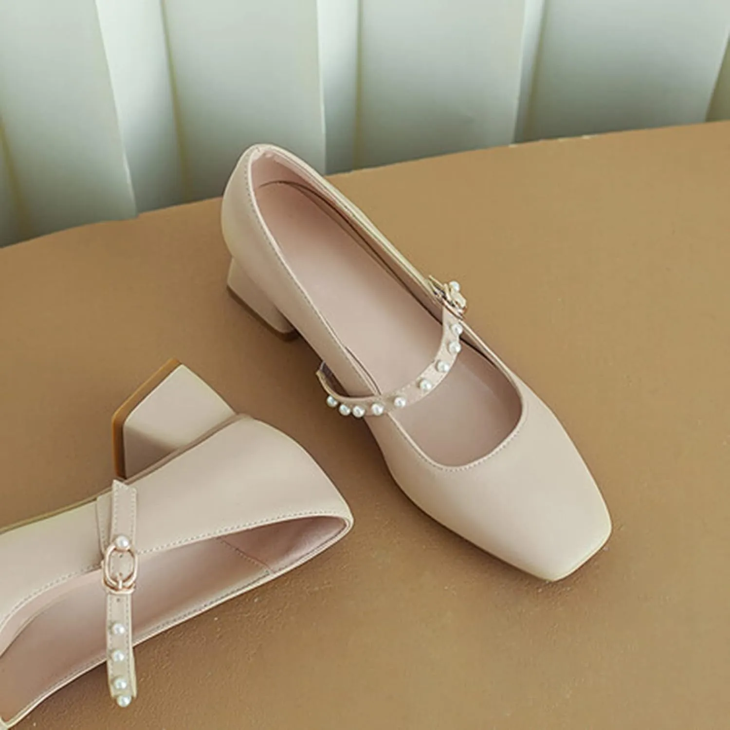 Women Pearl Ankle Strap Mary Janes Chunky Mid Block Heel Pumps Casual Square Toe Office Date Shoes