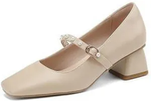 Women Pearl Ankle Strap Mary Janes Chunky Mid Block Heel Pumps Casual Square Toe Office Date Shoes