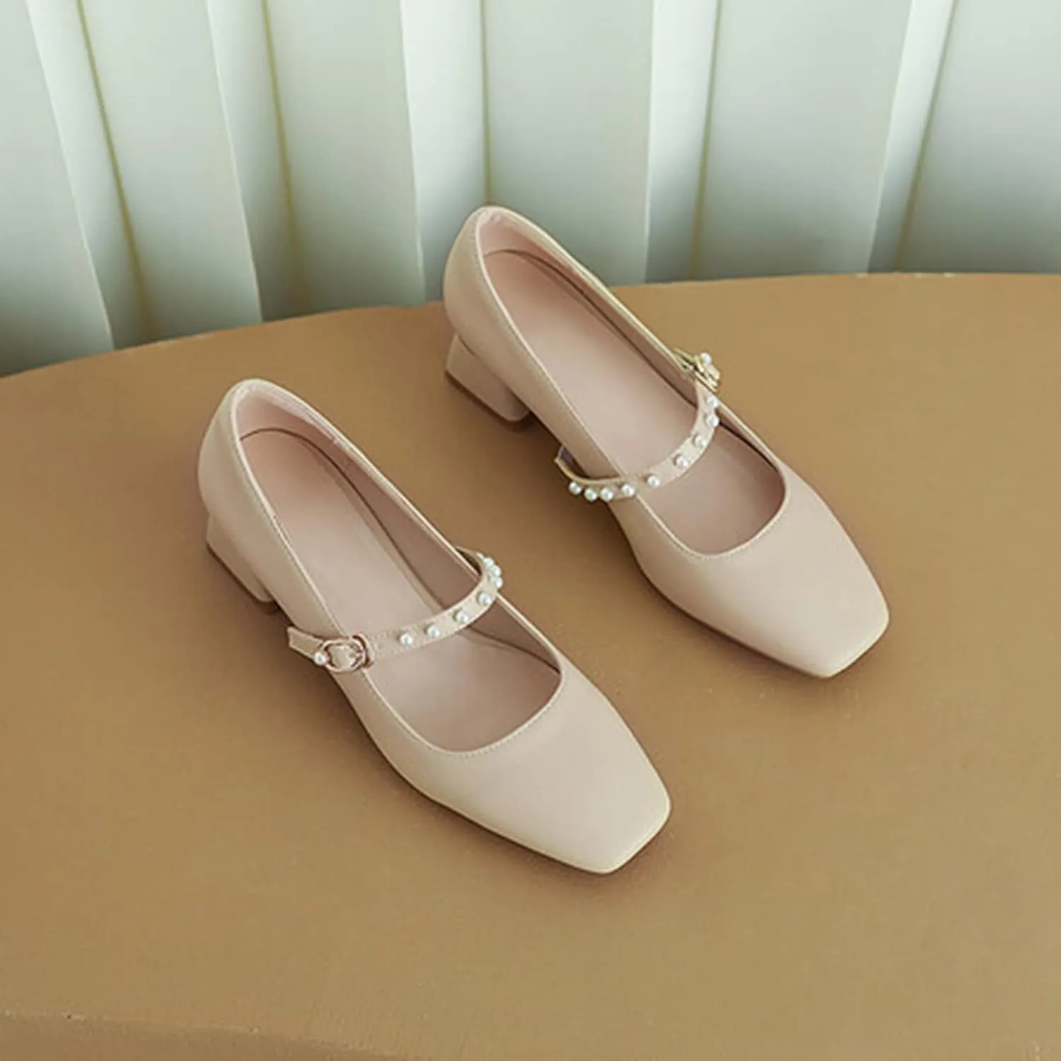 Women Pearl Ankle Strap Mary Janes Chunky Mid Block Heel Pumps Casual Square Toe Office Date Shoes