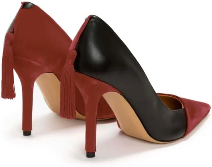 Women Pointed Toe Stiletto Heel Pumps Tassel Slip On High Heels Two Tone Suede Matte 4" Stiletto High Heels Pointy Closed Toe Sandals Dress Heels Fringe Retro Wedding Heels 4-11 M US