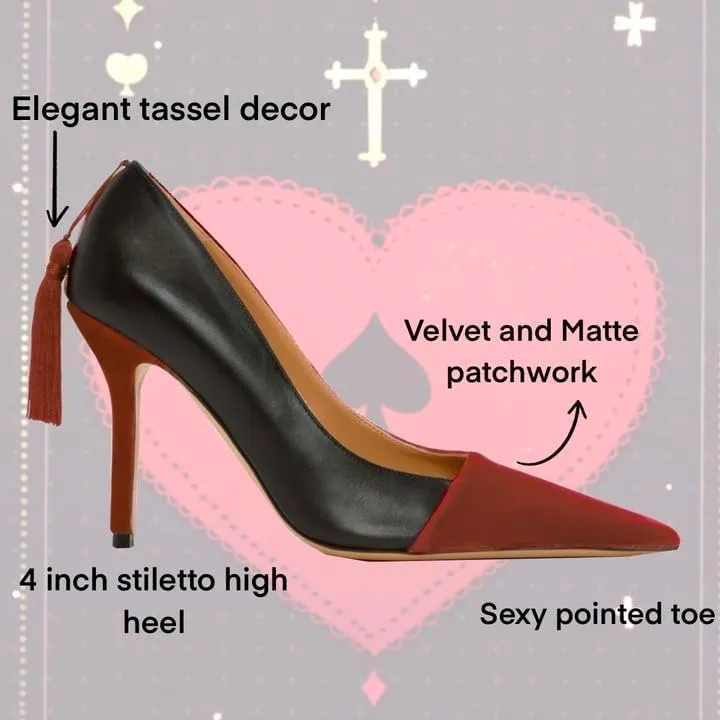 Women Pointed Toe Stiletto Heel Pumps Tassel Slip On High Heels Two Tone Suede Matte 4" Stiletto High Heels Pointy Closed Toe Sandals Dress Heels Fringe Retro Wedding Heels 4-11 M US