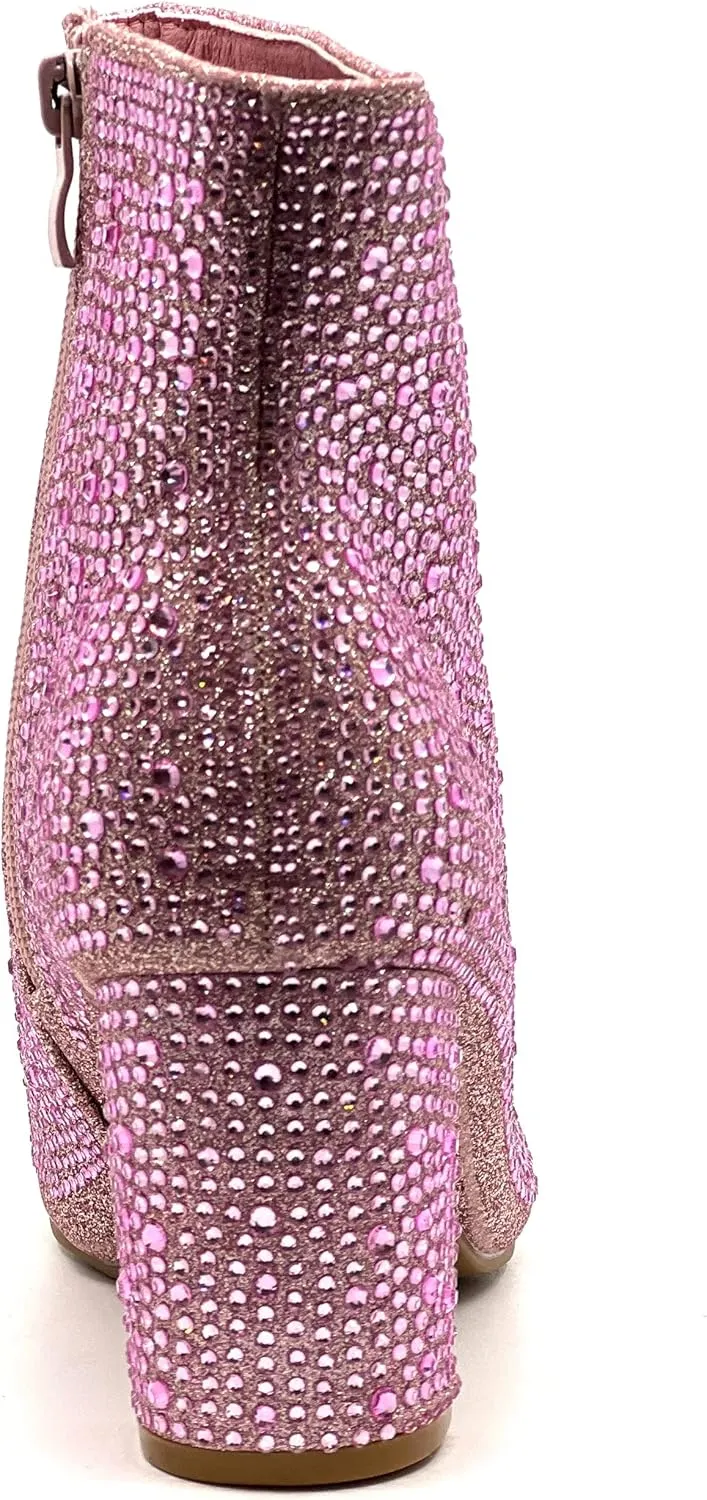 Women Rhinestone Block Chunky Heel Ankle Bootie