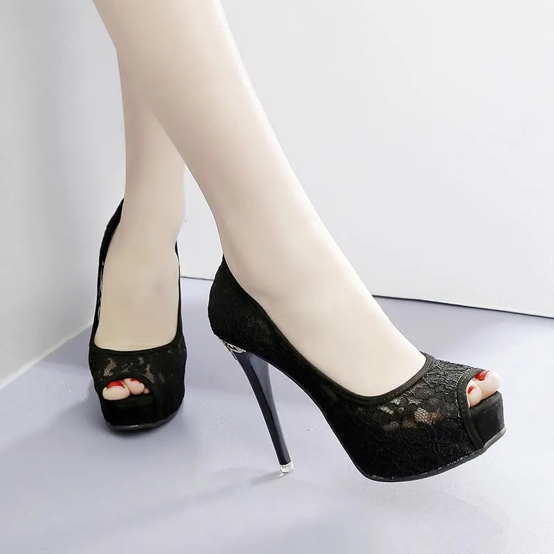 Women Sexy Lace Platform Peep-Toe Stiletto Pumps Elegant Slip On High Heels Bridal Evening Party Wear Dress Shoes