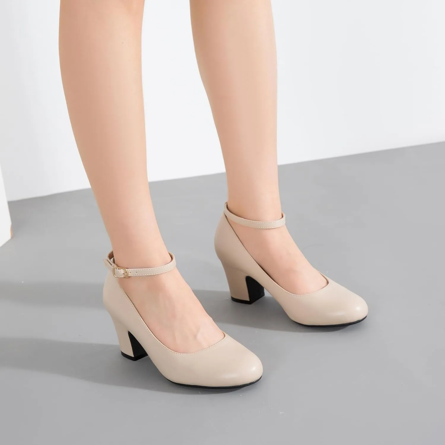 Women's Ankle Strap Low Block Chunky Heels Pumps Closed Round Toe Comfortable Dress Office Work Church Wedding Shoes