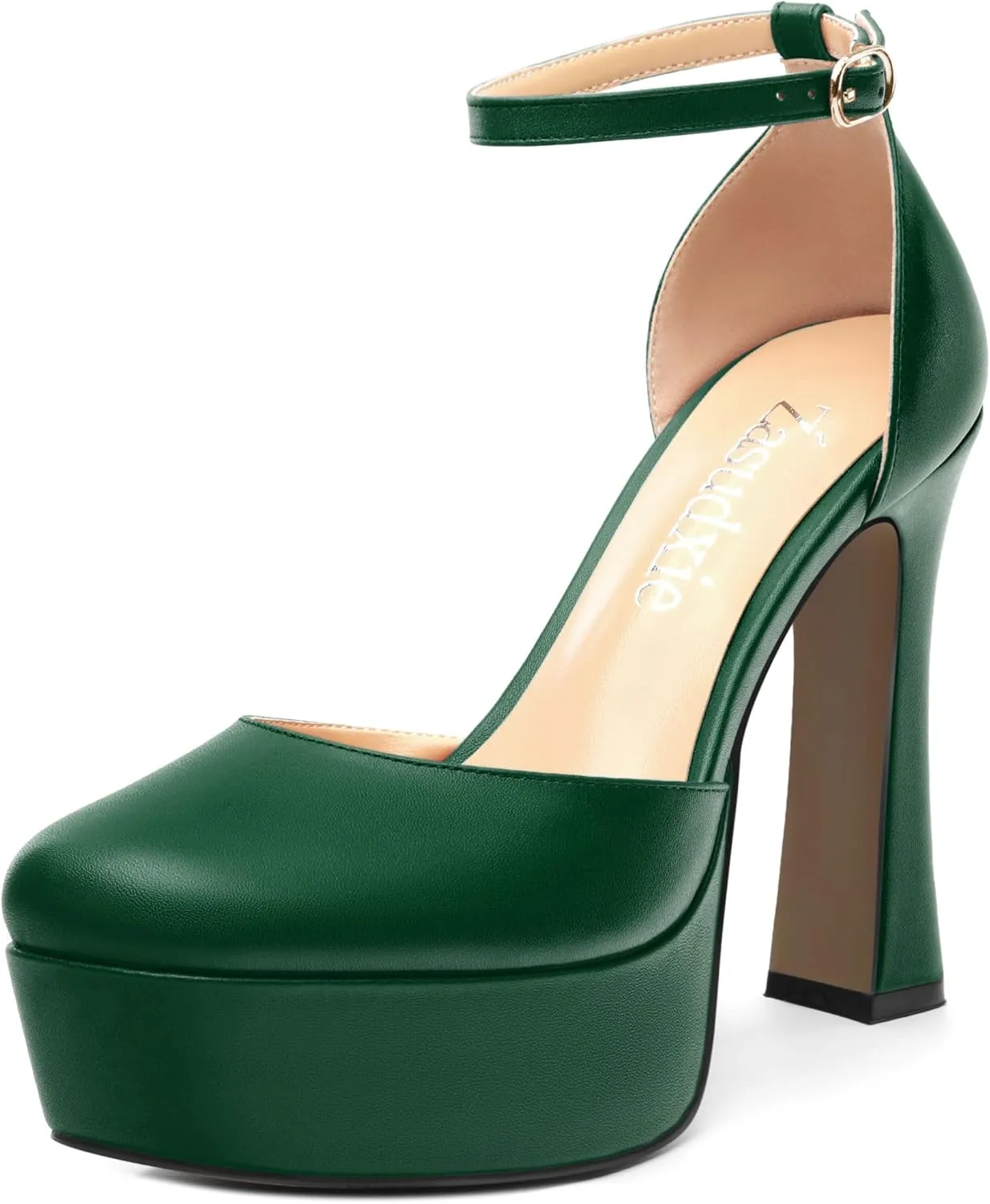 Womens Ankle Strap Platform High Heels Solid Matte Buckle Square Toe Chunky High Heel Pumps Wedding Evening Party Dress Shoes 4.7 Inch
