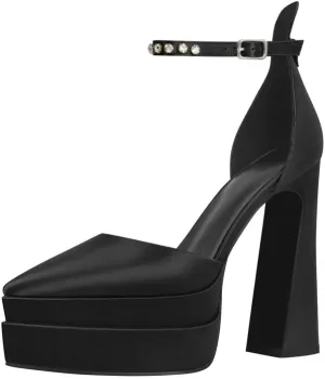 Women’s Double High Chunky Platform Pointed Closed Toe Chunky Heels Ankle Strap Rhinestone Pumps Shoes for Dress Wedding Party