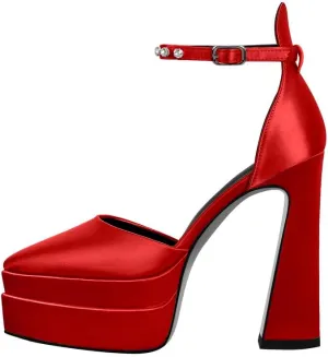 Women’s Double High Chunky Platform Pointed Closed Toe Chunky Heels Ankle Strap Rhinestone Pumps Shoes for Dress Wedding Party
