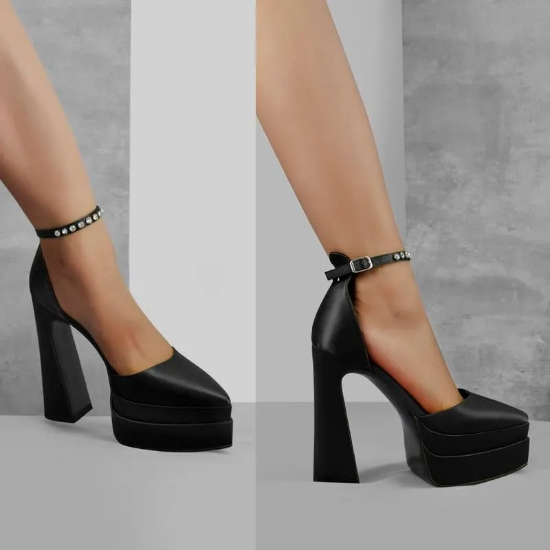 Women’s Double High Chunky Platform Pointed Closed Toe Chunky Heels Ankle Strap Rhinestone Pumps Shoes for Dress Wedding Party