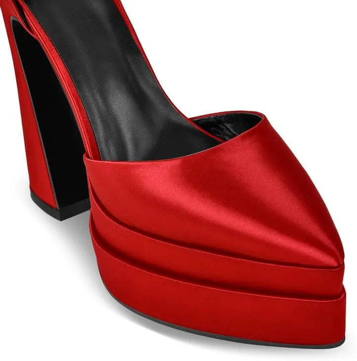 Women’s Double High Chunky Platform Pointed Closed Toe Chunky Heels Ankle Strap Rhinestone Pumps Shoes for Dress Wedding Party