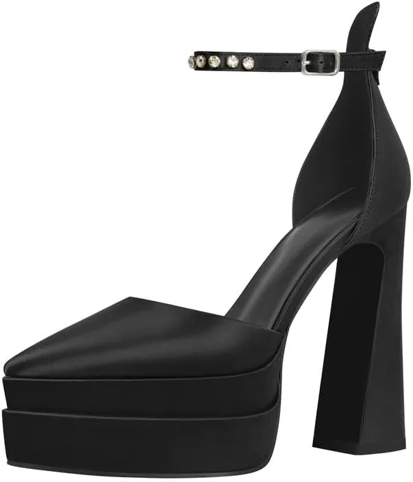 Women’s Double High Chunky Platform Pointed Closed Toe Chunky Heels Ankle Strap Rhinestone Pumps Shoes for Dress Wedding Party