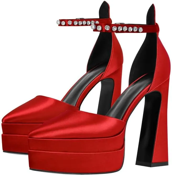 Women’s Double High Chunky Platform Pointed Closed Toe Chunky Heels Ankle Strap Rhinestone Pumps Shoes for Dress Wedding Party