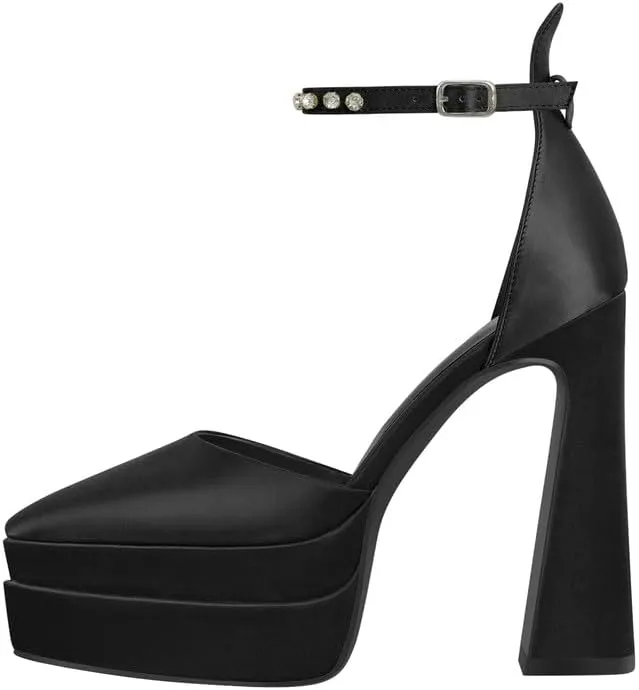 Women’s Double High Chunky Platform Pointed Closed Toe Chunky Heels Ankle Strap Rhinestone Pumps Shoes for Dress Wedding Party