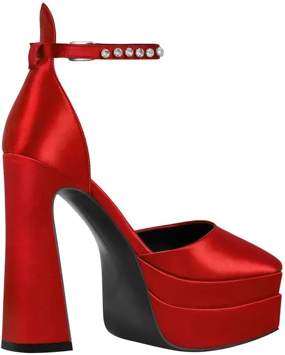 Women’s Double High Chunky Platform Pointed Closed Toe Chunky Heels Ankle Strap Rhinestone Pumps Shoes for Dress Wedding Party